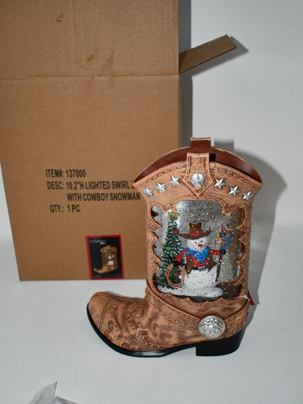 Roman Cowboy Boot Lighted Lantern W Western Snowman In Swirling Glitter #137000